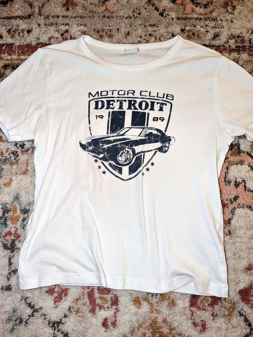 Urban Outfitters Women's XL Detroit Motor Club Graphic Baby Tee White Blue